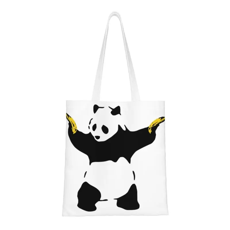 

Funny Bad Panda With Bananas Shopping Bag Canvas Shoulder Tote Bag Portable Banksy Graffiti Street Art Groceries Shopper Bags