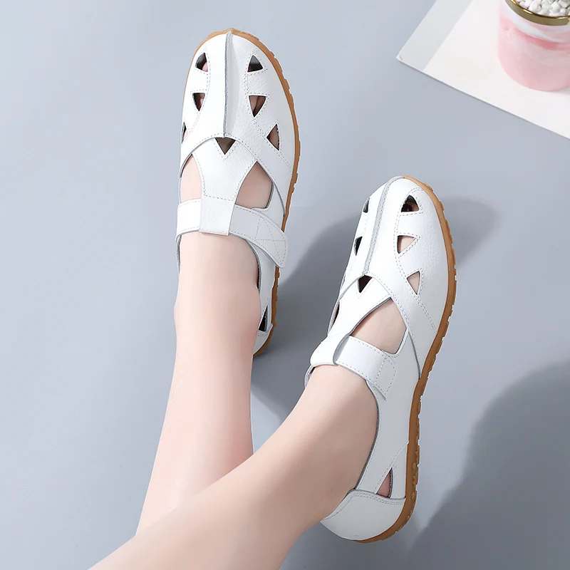 Ladies Comfortable Fashion Outdoor Sandal Open Hole Shoes Breathable Flat Beach Leather Casual Women's Shoes Plus Size 35-43