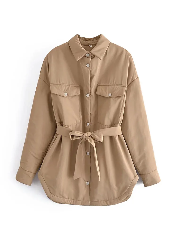 Women's Spring Jacket With Belt Pocket Thin Parkas Khaki Female Winter Shirt Parka Coats Armygreen Oversized Winter Outwears