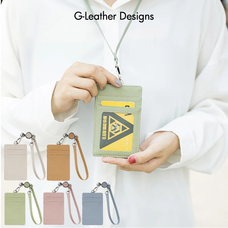 Fashion Genuine Leather Lanyard ID Badge Holder Pebbled Leather Work Office Card Holder With Neck Reel 2 Strap Custom Name