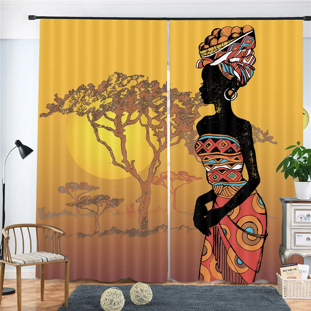 

African Women Land Sunset Window Curtains Living Room Bedroom Kitchen Curtain For Children Drapes Window Treatment