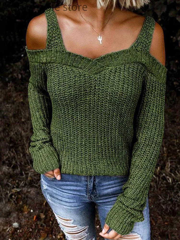 

Women Casual Cold Shoulder Knitted Long Sleeve Sweater