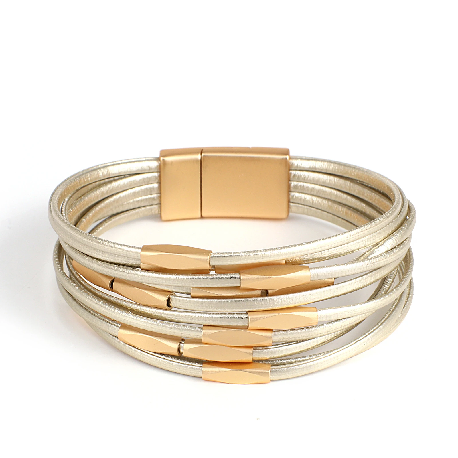 

Amorcome Fashion Metal Tubes Beaded Leather Cord Bracelet Magnetic Clasp Women Wrap Bracelets Bangles Female Statement Jewelry