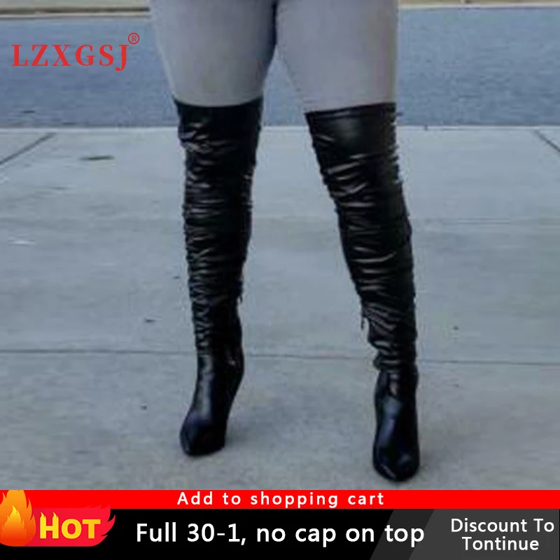 

2021 New Pu High Heels Over The Knee Boots Black Women Shoes Autumn Winter Large Size Side Zip Sexy Pointed Stretch Boots
