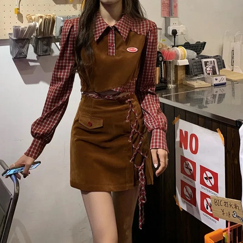 

Fashion Hot Girl Plaid Suit Womens Set Suspender Crop Top Female Summer Pleated Mini Skirt Woman Street Skirt Y2k Two Piece Set
