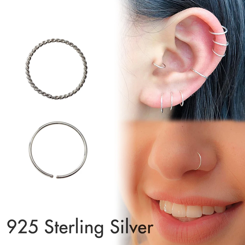 3Pcs 925 Sterling Argent Nose Rings Lip Hoop Cartilage Earrings Women Men Septum Nostril Piercing Jewellery 20G/22G 0.6mm 0.8mm