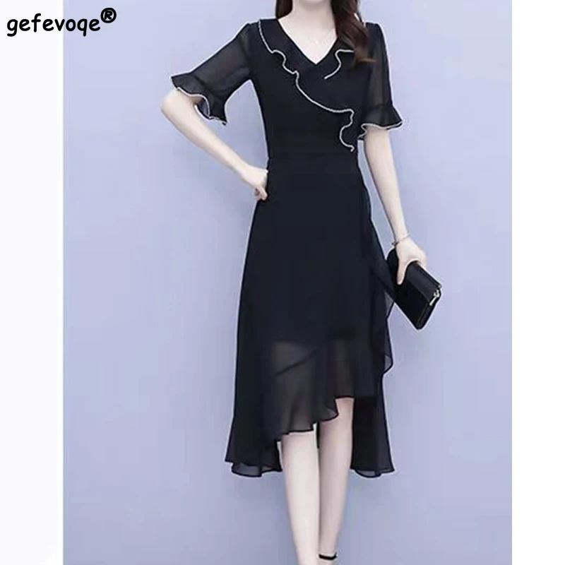

Irregular Ruffle Solid Color Dresses Summer New Temperament Thin Chiffon Stitching Dress Slim Elegant Fashion Women Clothing