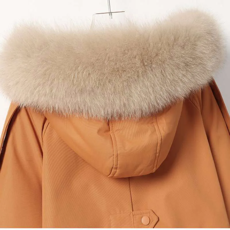 Solid Color Women White Duck Down Jacket Hooded Big Fur Collar New Parka Mid-length Thick Pocket Fashion Coat Fit Autumn Winter