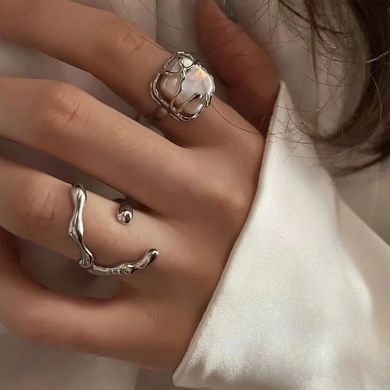 

INS Fashion Silver Color Minimalist Irregular Twined Finger Rings Creative Geometric Punk Opening Rings for Women Girls Jewelry