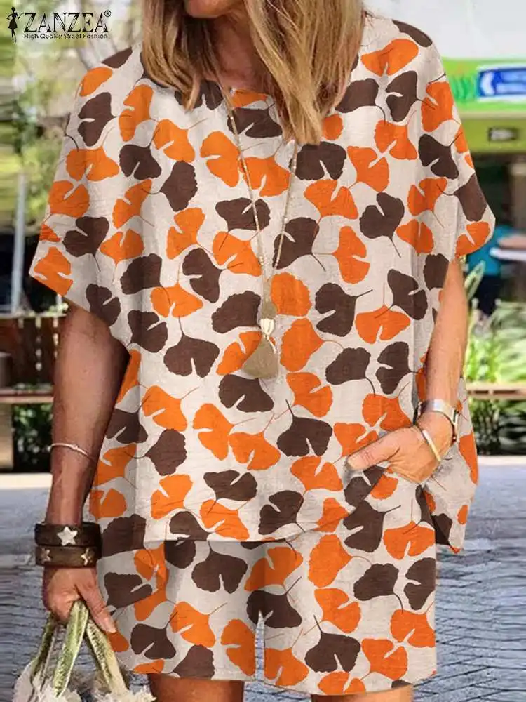 

Vintage Print Short Sleeve Blouse Matching Sets ZANZEA Summer Beach Holiday Suits Women Bohemian Short Sets Loose Tracksuit 2PCS