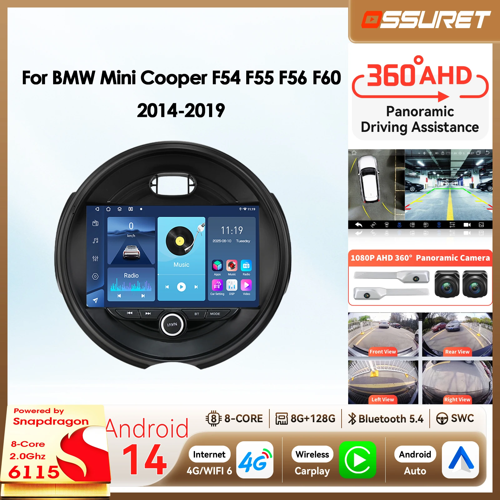 Фото Системы Android для умного управления автомобилем BMW Mini Cooper F54 F55 F56 F60 2014-2019: автомагнитола, Carplay, 2din, камера 360°, 4G Wi-Fi, головное устройство. №1