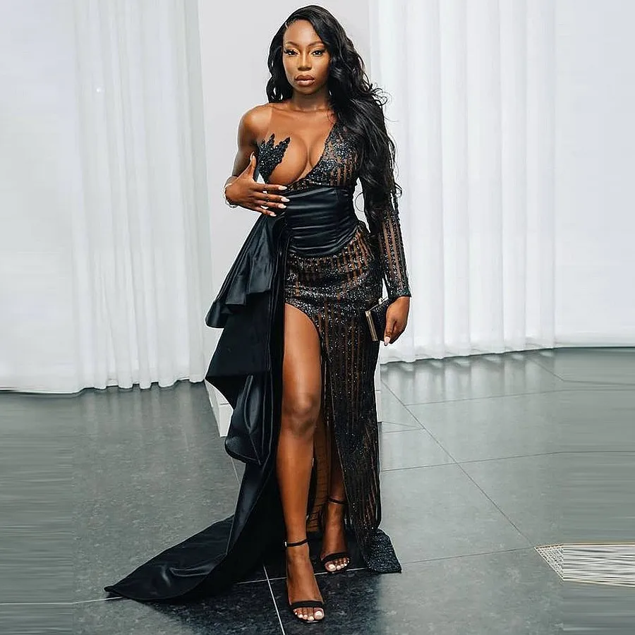 

Черное вечернее платье с одним открытым плечом и длинным рукавом, Прозрачное платье с блестками и аппликацией, платье для выпускного вечера с юбкой-годе для черных девушек, официальное платье