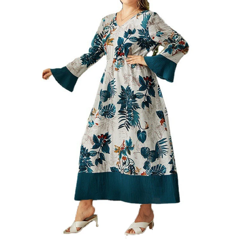 New Muslim Women's Dress Fashion V-Neck Trumpet Sleeve Floral Print Dress Dubai Arab Turkey Islam Femme Elegant Gown Vestidos
