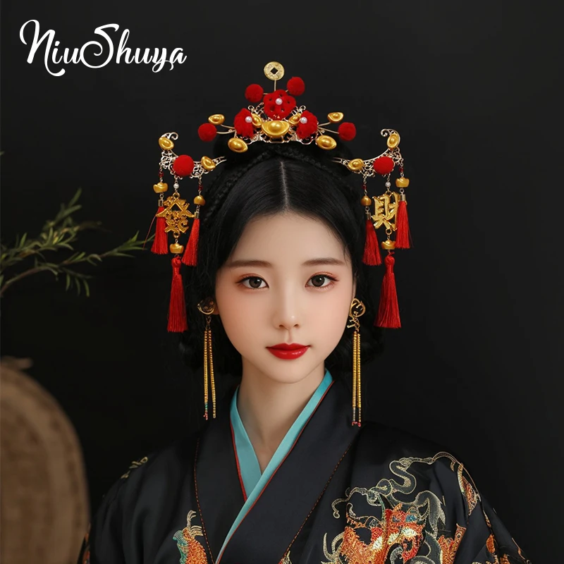 NiuShuya God of Wealth Корона для волос Аксессуары Древний стиль Yuanbao Шпилька Монета Чай