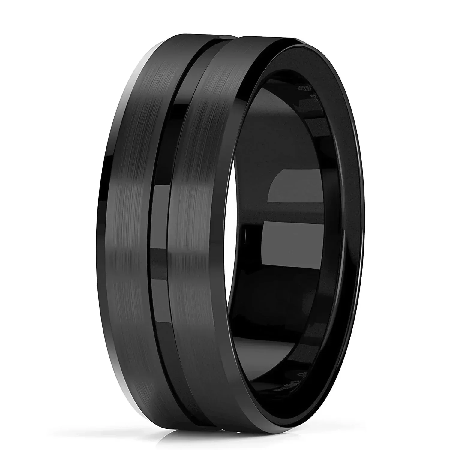 Classic Men's 8mm Black Tungsten Wedding Rings Double Groove Beveled Edge Brick Pattern Brushed Stainless Steel For Men