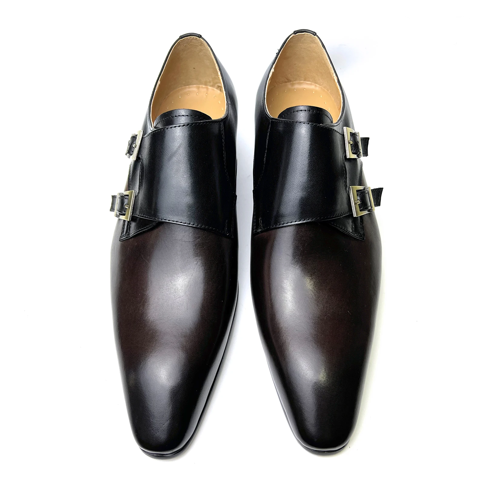 2022 Luxury Italian Mens Real Cow Leather Pointed Toe Shoes Double Buckles Party Formal Business Mixed Color Shoes for Male