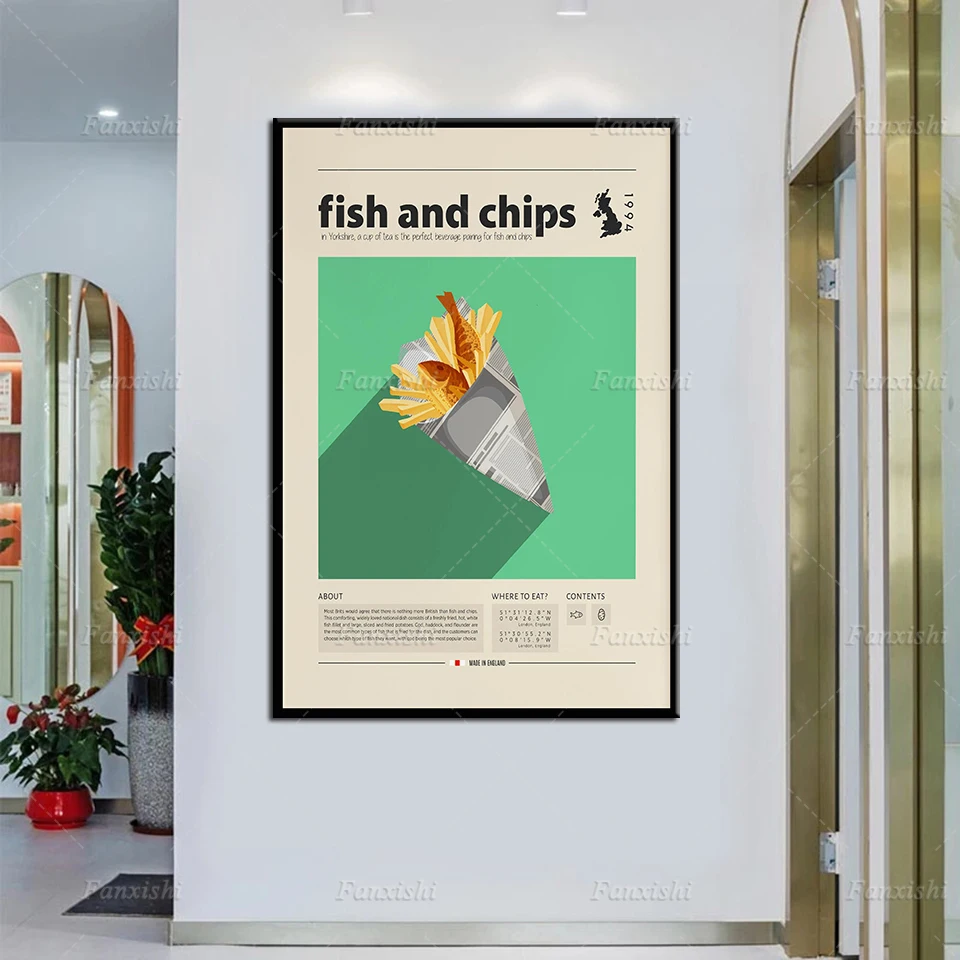 

Fish And Chips Poster, British Food Retro Posters, Housewarming Gift, Kitchen Wall Decor, Mid Century Poster, Minimalist Prints