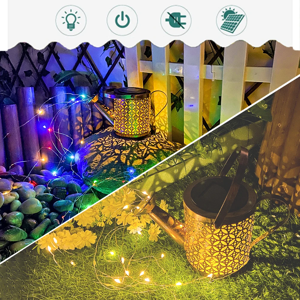 

Solar Garden Lawn Lights LED Watering Can Sprinkles Fairy Light Metal Hanging Solar Shower Lantern Waterproof Outdoor Yard Decor