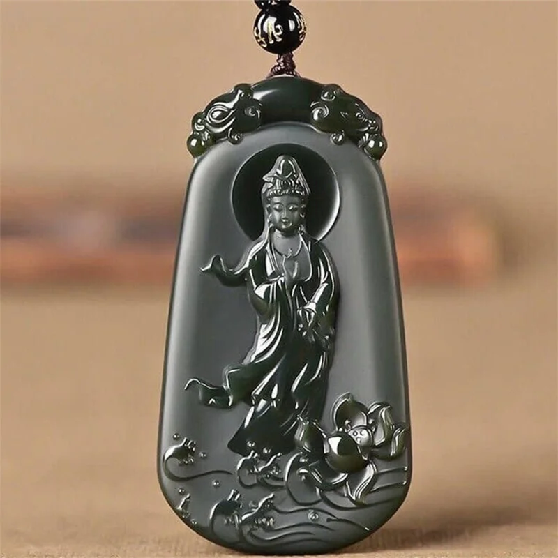 

Hot Selling Natural Hand-carve Hetian Jade Cyan Lotus Guanyin Buddha Necklace Pendant Fashion Jewelry Men Women Luck Gifts1