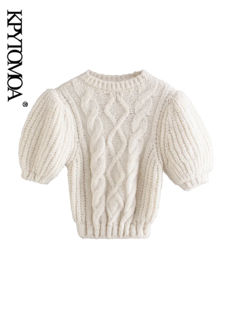 

KPYTOMOA Women Fashion Cable-Knit Cropped Sweater Vintage O Neck Puff Sleeve Female Pullovers Chic Tops