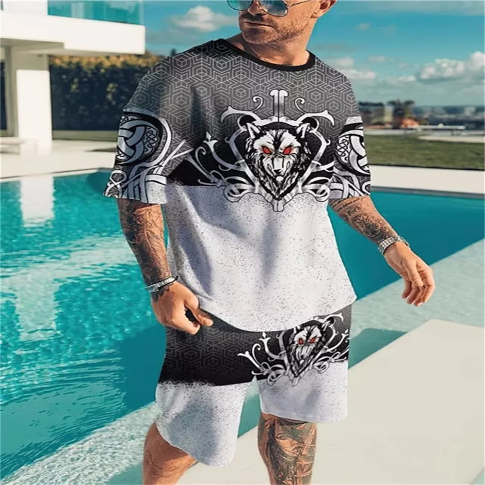 

Beach Shorts Sportswear Round Neck Sportswear Suit Clothing Summer Ferocious Lion Print Men's Suit Casual Men's Clothes Large T-