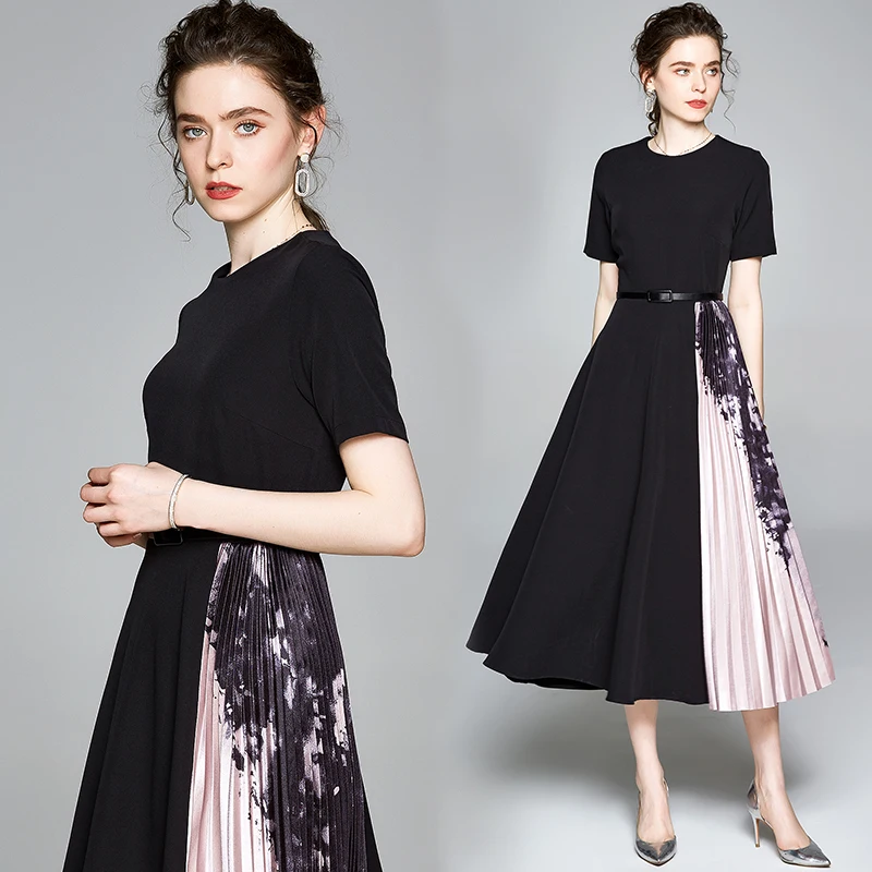 

2022 Women's Summer New High-end Temperament Round Neck Short Sleeve Printed Pleated Stitching Fashion Show Dress with Belt