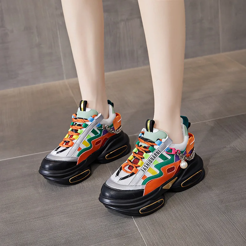 Autuspin 5cm Sports Shoes for Women Spring Summer Retro Thick Bottom Genuine Leather Ladies Sneakers Woman Casual Mixed Colors