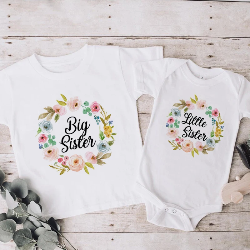 Big Sister Little Sister Matching Sister Outfits Flower Wreath Sibling Shirt Big Sis Shirt Lil Sis Bodysuit Baby Shower