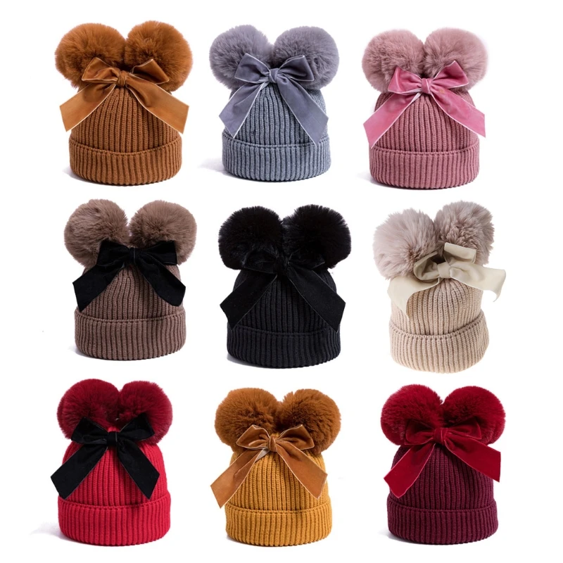 

Baby Pompom Hat Stuff Double Winter Knitted Kids Baby Girls Warm Thicker Bonnet Children Infant Beanie Cap