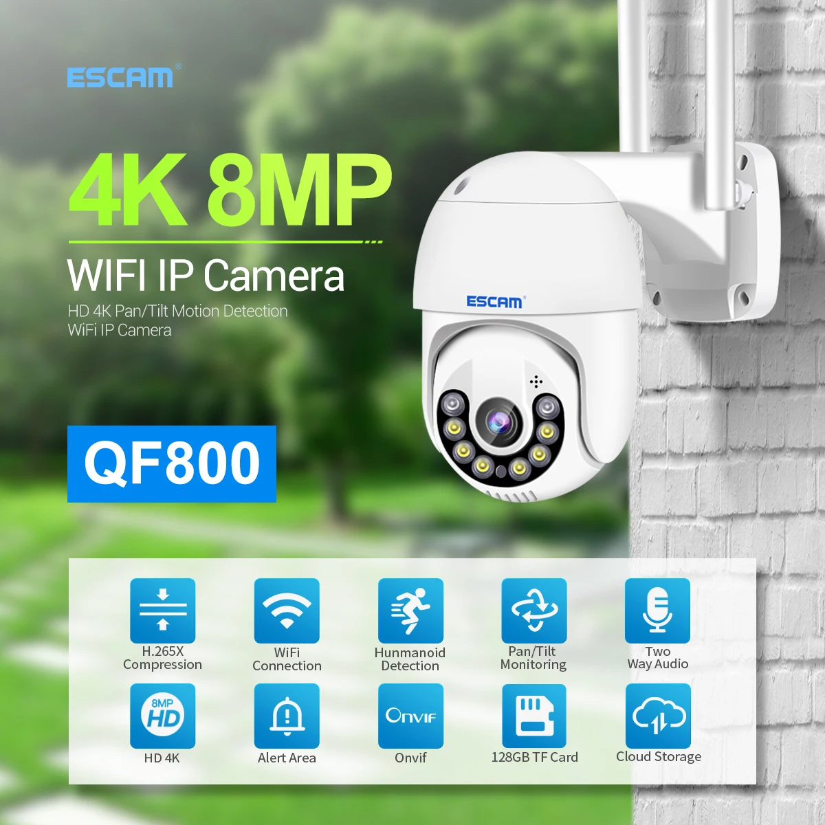 

ESCAM QF800 8MP Pan/Tilt AI Humanoid Detection Auto Tracking Cloud Storage Waterproof WiFi IP Camera Two Way Audio Night Vision