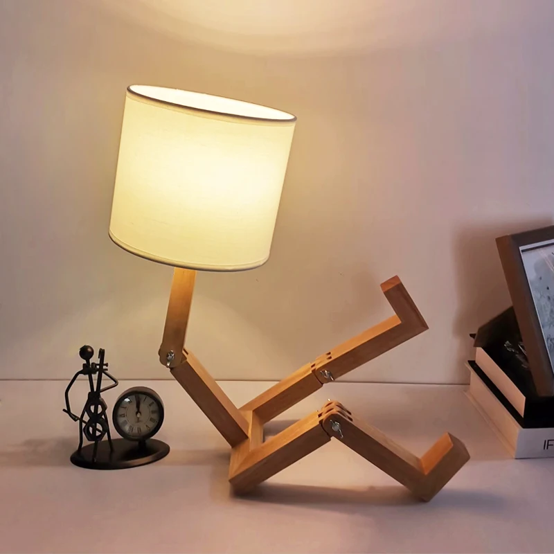 

Modern LED Robot Shape Wooden Table Lamp Cloth Lampshade Creative Lighting Art Wood Desk Lamp Parlor Indoor Study Night Light
