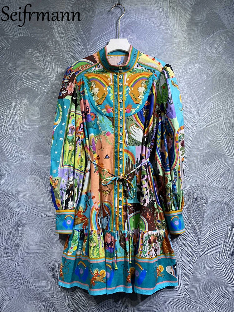 

Seifrmann High Quality Summer Women Fashion Runway Cotton Dress Lantern Sleeve Lace Up Multicolor Printed Shirts Style Dresses