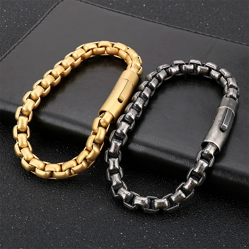 

Fashion Black Color Royal Box Chain Bangles Hombres Stainless Steel Bracelets For Men Male Casual Hand Jewelry