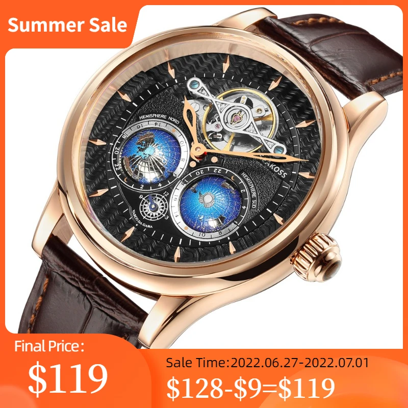 

SEAKOSS Fully Automatic Earth Mechanical Watches Men 3D Double Globe Rotating Flywheel Tourbillon Device Male Wristwatches 5ATM