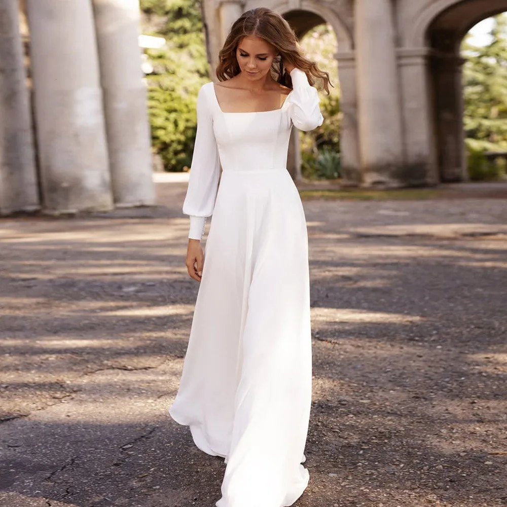 

Simple Long Sleeves Wedding Dress For Women 2023 Modest Square Neck Bride Gowns A Line Robe Marriage Vestido De Noiva