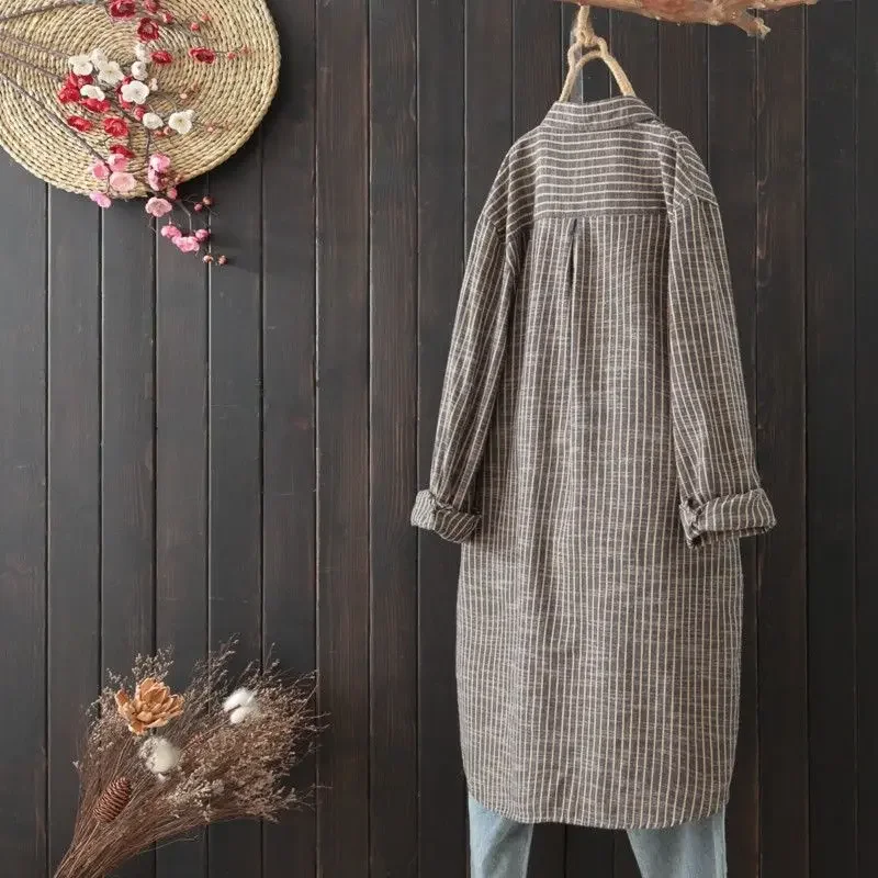 Блузка женская свободного покроя длинная рубашка из хлопка и льна
