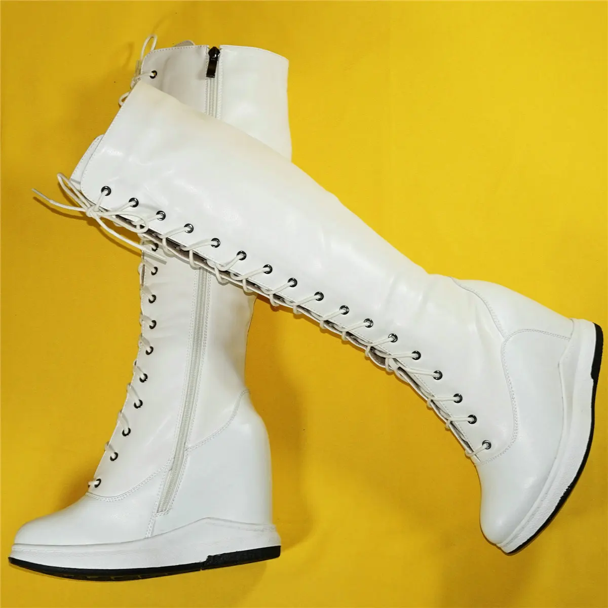 Winter Fashion Sneakers Women Lace Up Genuine Leather Super High Heels Platform Pumps Female Thigh High Snow Boots Casual Shoes