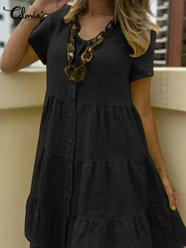 

Женское вечернее платье Celmia с V-образным вырезом, лето 2022, платье с коротким рукавом, элегантный хлопковый льняной сарафан, повседневное Пли...