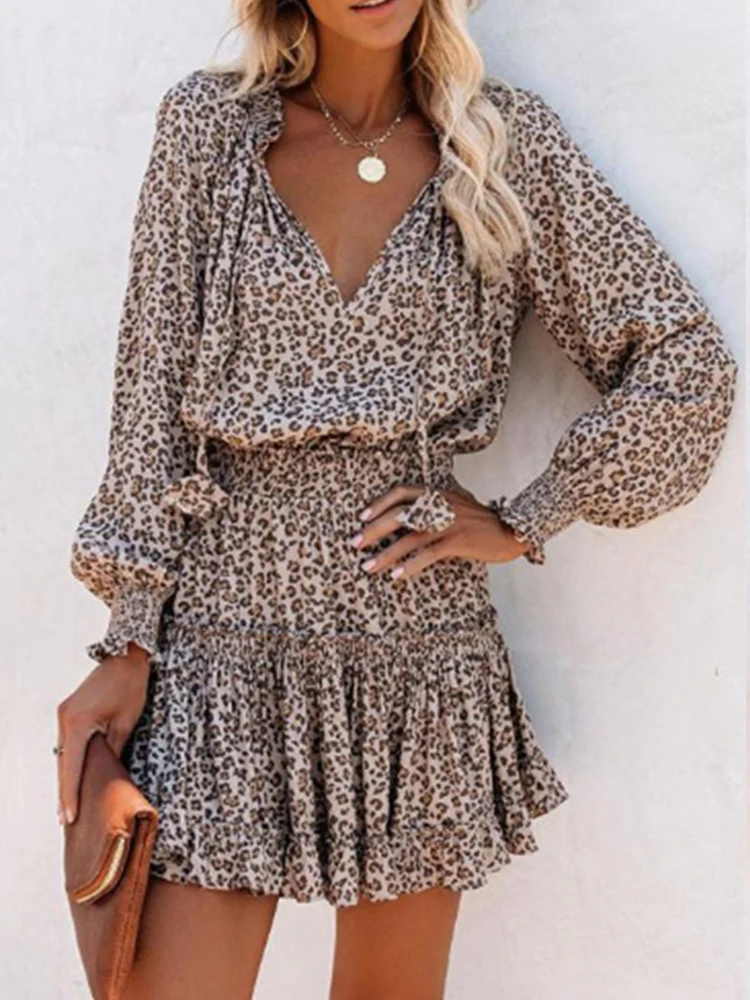 

Женское платье с леопардовым принтом, повседневное ТРАПЕЦИЕВИДНОЕ ПЛАТЬЕ с оборками и V-образным вырезом, на шнуровке, с длинным рукавом-фон...