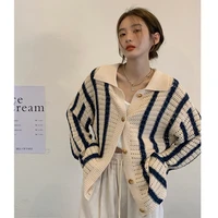 striped cardigan women turn down collar loose hollow sweater women 2022 spring korean fashion elegant thin knitwear female