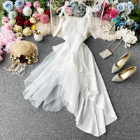 2022 new lace suspender skirt white open back dress xia xian thin seaside vacation beach skirt fairy gauze skirt