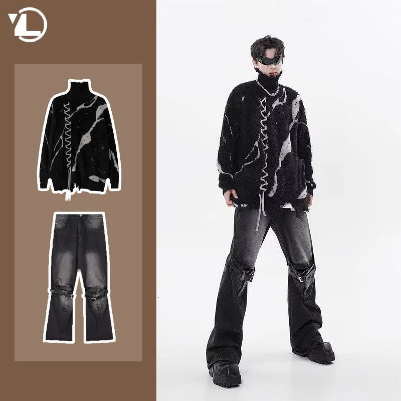 2 шт. мужской комплект из свитера и джинсов с высоким воротником