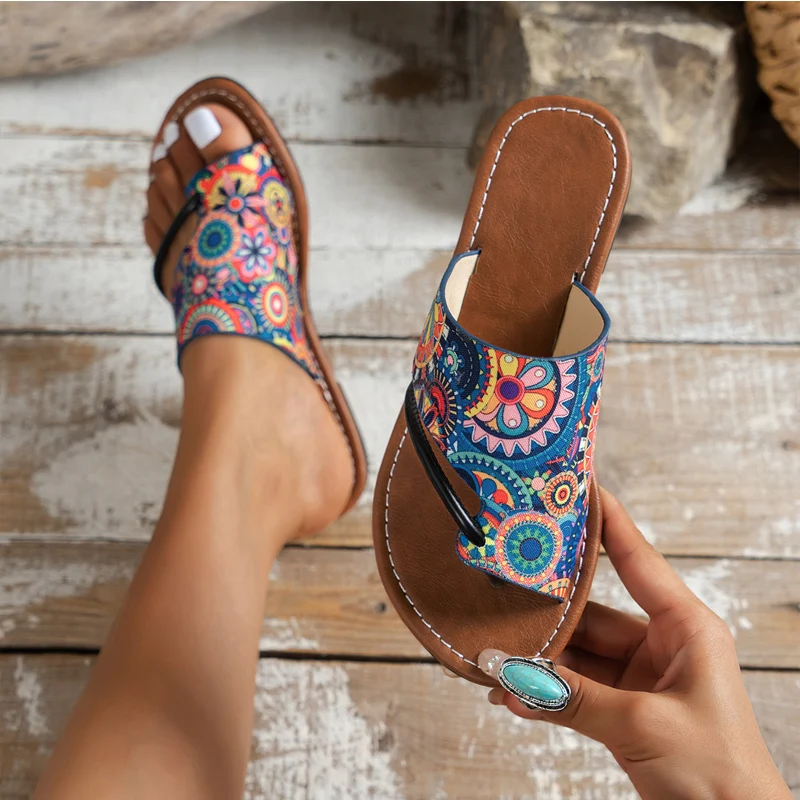 Ethnic Print Thong Sandals Woman Stylish Sunflower Flip Flops Ladies Summer Outdoor Casual Flat Open Toe Mule Shoes Plus Size