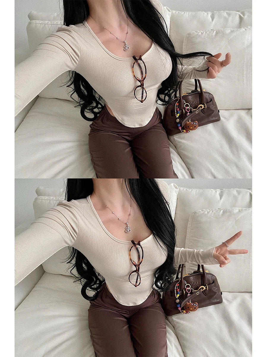 Pure Desire Style Базовый стиль Облегающая облегающая футболка для похудения, изогнутый подол с длинными рукавами Модные женские футболки 2024 Новый PGM0 (art.: 3920cb14fe02a) - 3920cb14fe02a