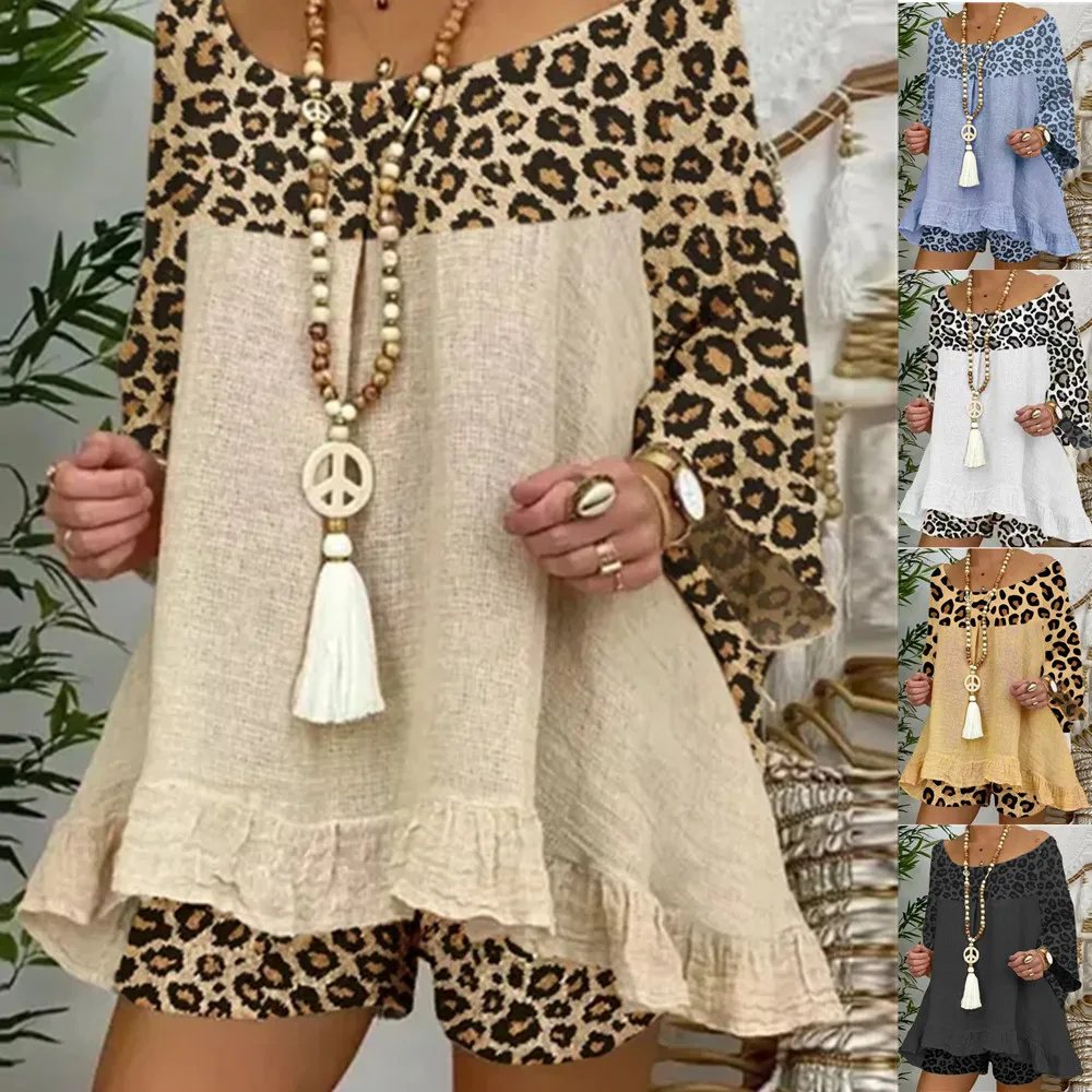 

Women Leopard Print Short Set Summer O Neck Long sleeve Short Pants Loose Cotton Linen Two Piece Set Casual Patchwork Outfits