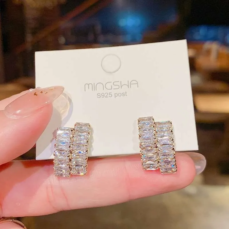 

New Fashion Luxury Cubic Zirconia Jewelry Gold Color Sparkling Big Geometry Zircon Crystal Stud Earrings for Women Wedding Gift