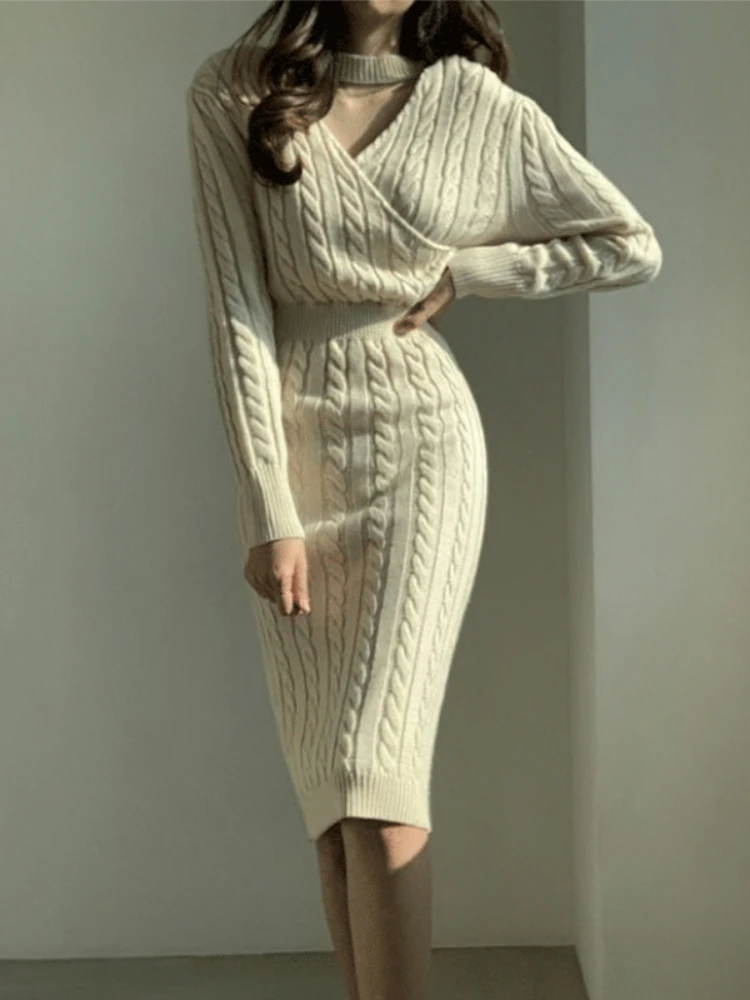 

Women Solid Color Long Sleeve V Neck High Waist Bodycon Midi Dress Winter Exotic Elegant Party Luxury Fashion Sexy Dresses 2022