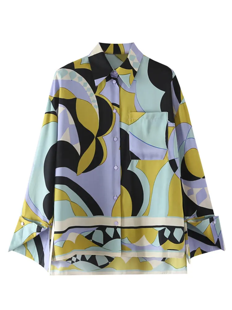 

Nlzgmsj ZBZA 2022 Loose Long Sleeve Women Blouses Casual Turn Down Collar Chic Print Women's Shirt Femme Tops 202203