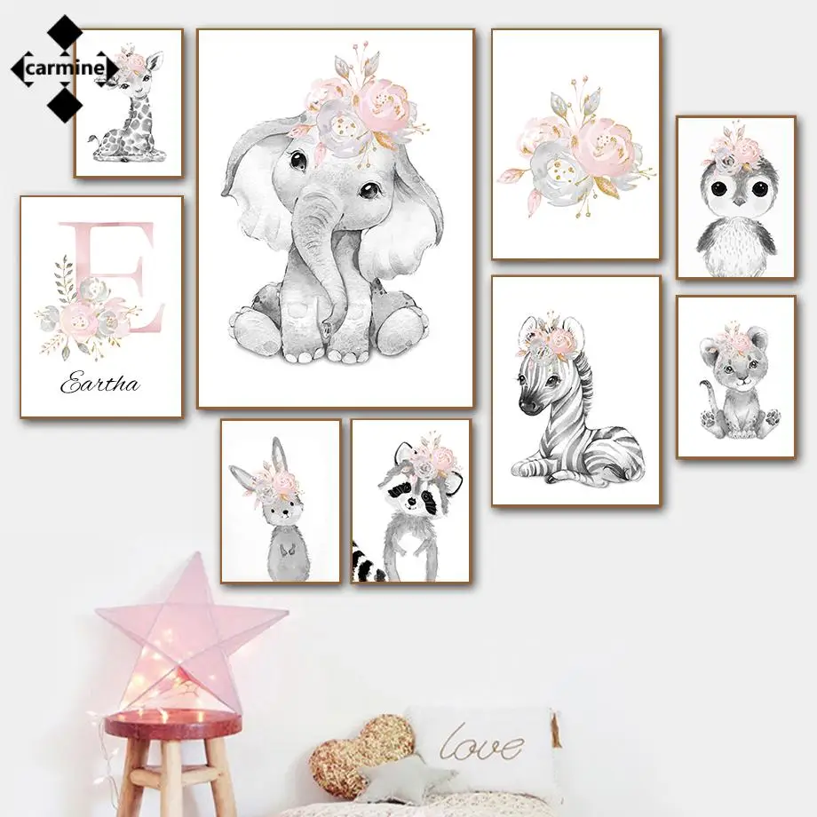 

Cartoon Animals Custom Name Canvas Painting Nursery Baby Wall Art Zebra Elephant Giraffe Lion Wall Pictures Kids Room Decoration