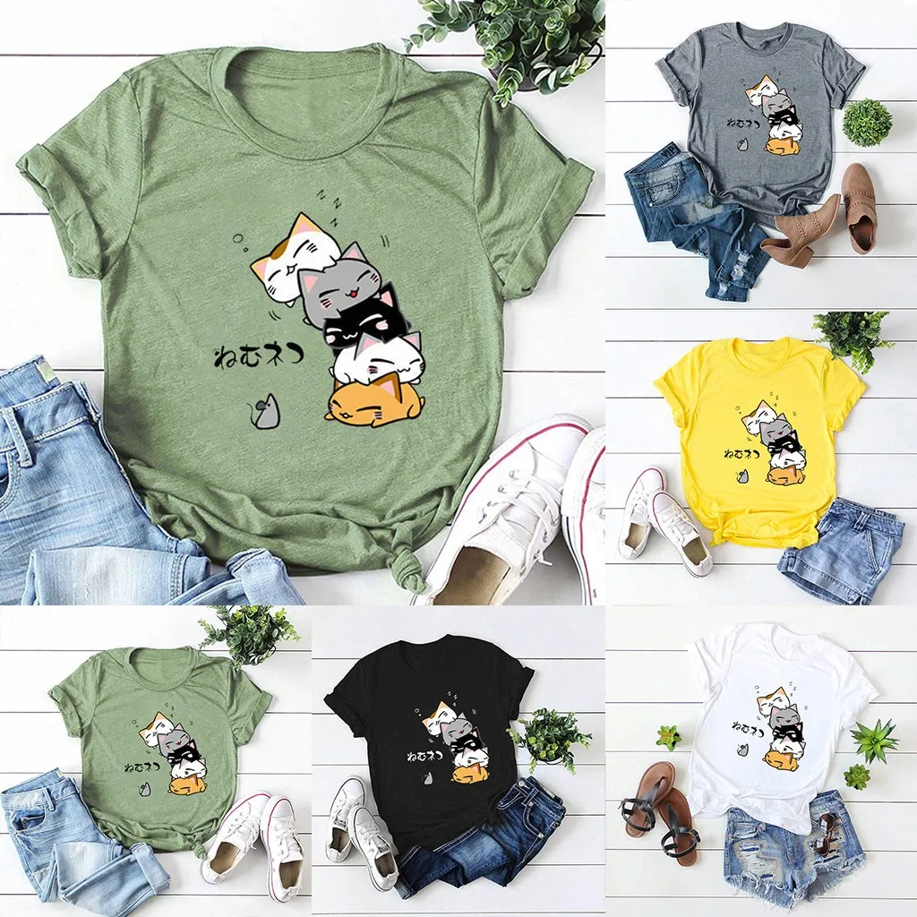 

O-Neck Short Solid Tee Tops Sleeve Print Fashion Color Womens Print Women's Blouse